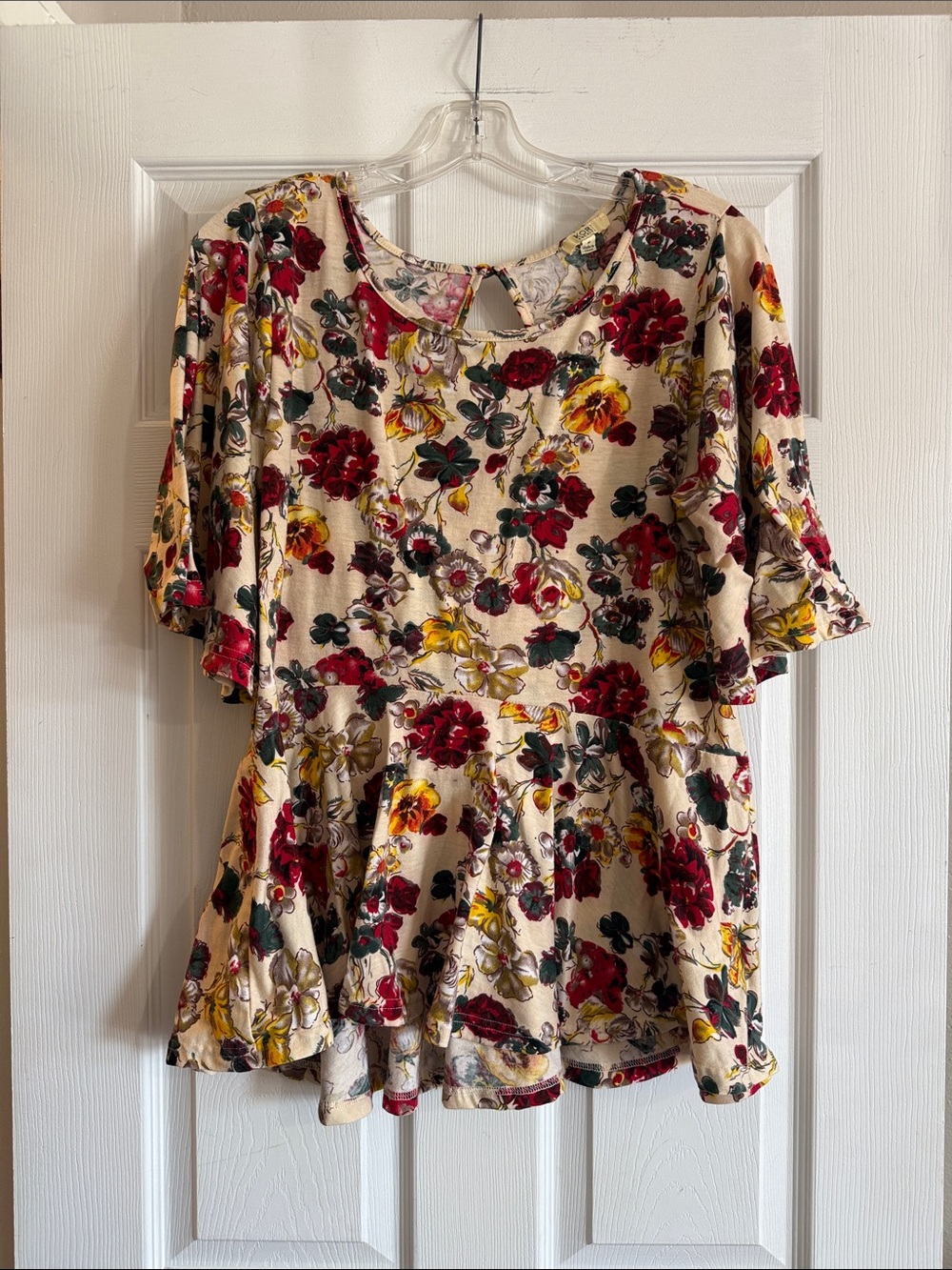 Floral Peplum Top in Cream with Red and Yellow Blooms